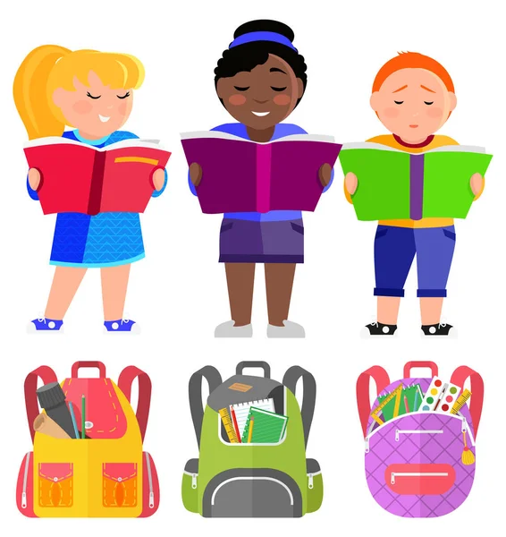 Školáci stánek a čtení knih, brašny do školy — Stockový vektor