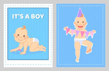 Erkek tebrik kartı, çıngıraklı bebek, ilk yıl.