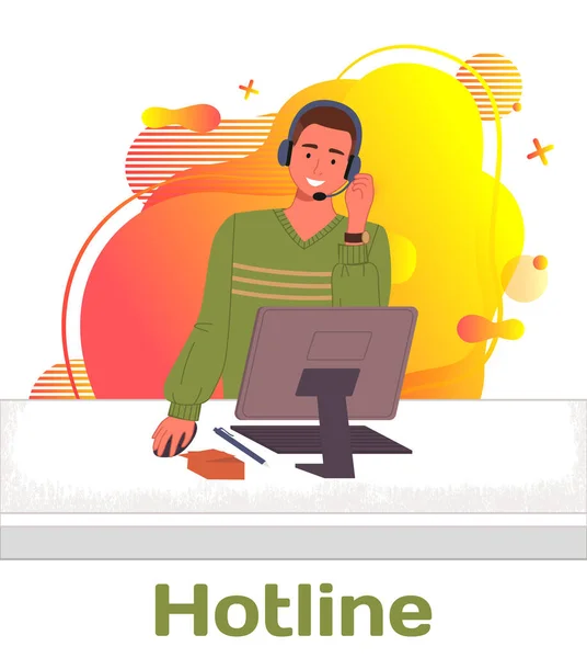 Karakter mannelijke call center hotline. Online klantenservice werknemer, telefonische dienstverlener — Stockvector