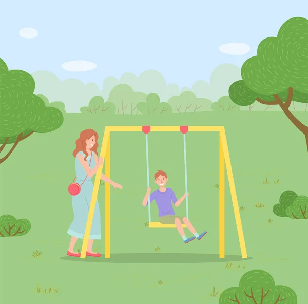 Family outdoor recreational activity, child spending time at playground with mom, kid have fun