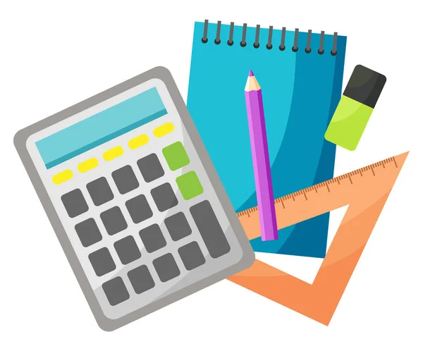Calcolatrice e quaderno con matita e set di penne — Vettoriale Stock