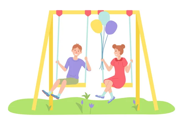 Children spending time at playground, girl with air baloons and boy rest relax on swing, childhood