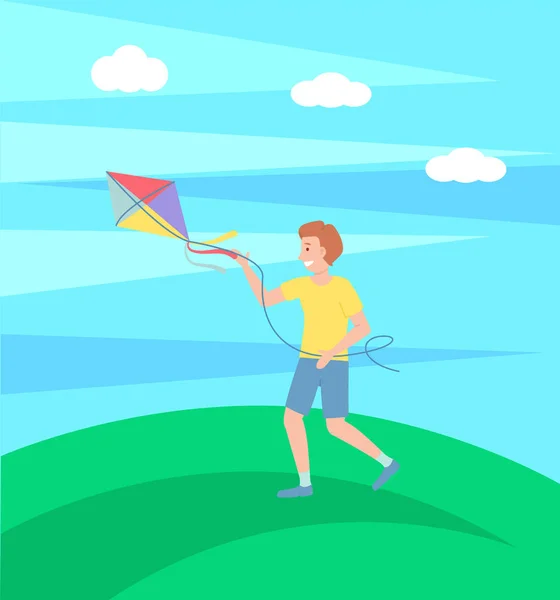 Chłopiec bawi się z latawcem na świeżym powietrzu, szczęśliwy dzieciak działa i baw się dobrze, letni wypoczynek, aktywność na świeżym powietrzu — Wektor stockowy