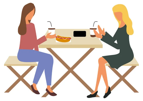 Female Friends Eating Street Food in Diner Vector — Stock Vector