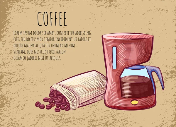 Кофейная открытка, чайник и бобы, Java Vector — стоковый вектор