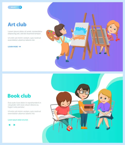 Konst och bokklubb, Barn på skolans webbsida — Stock vektor