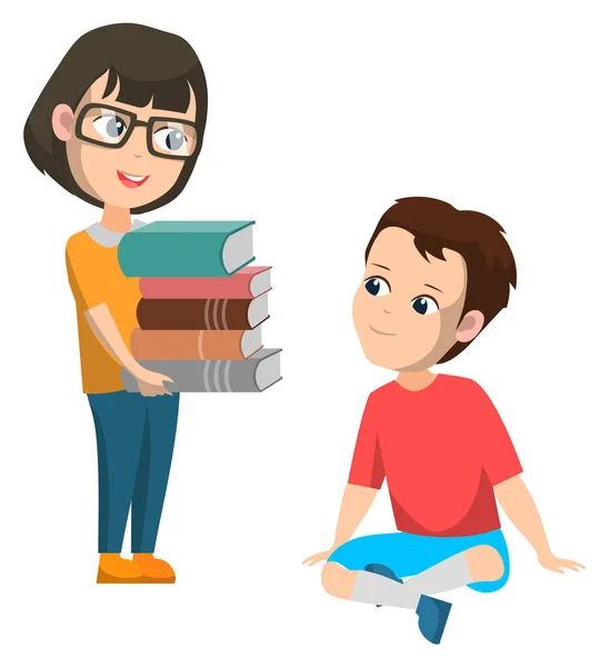 Estudantes do Ensino Fundamental com Livros Menino e Menina — Vetor de Stock