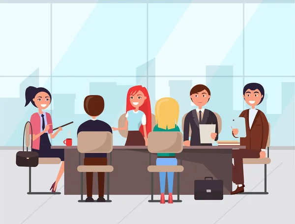 Conférence d'affaires, Personnes par table avec notes — Image vectorielle