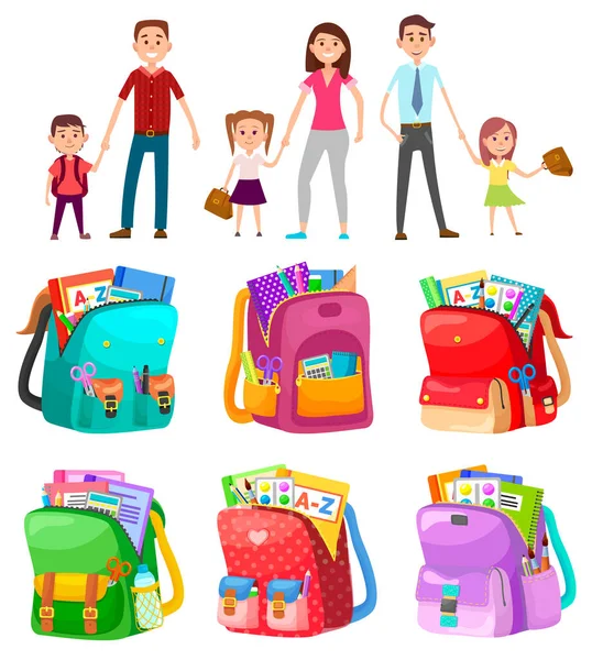 Bolso escolar, Padre con hijo, Vector de mochila — Vector de stock
