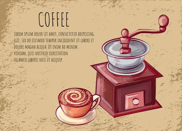 Granos de molino y taza de café, Vector de postal — Archivo Imágenes Vectoriales