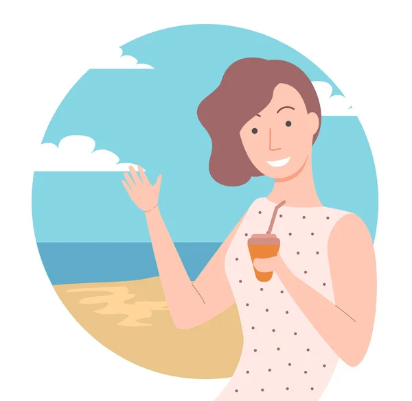 Girl with Coffee Posing, Seaside Background Vector — Stockový vektor