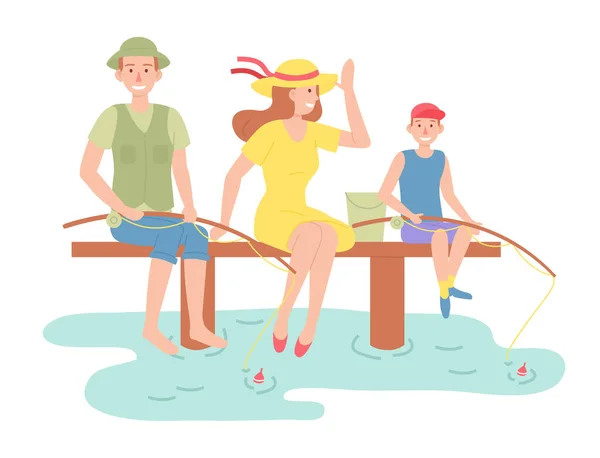 Rodinné venkovní rekreační aktivity, šťastní rodiče sedí se synem rybaření, otec, matka, dítě — Stockový vektor
