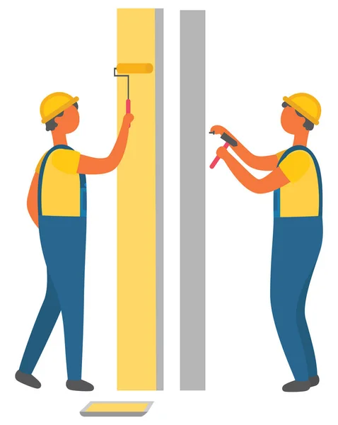 Construction Workers Painting and Drilling Walls — Stock Vector