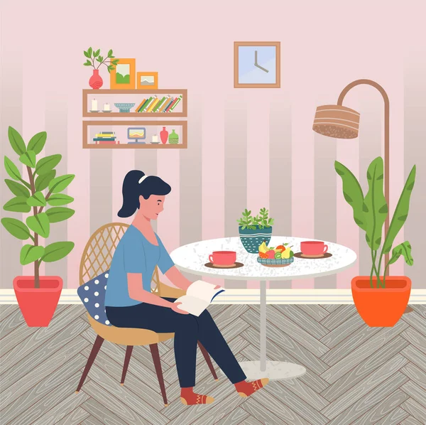 Female Using Laptop at Home, Girl in Room Vector — Stock Vector