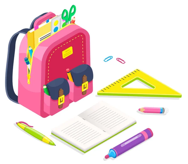 Różowa torba z materiałami szkolnymi, torba z książkami — Wektor stockowy