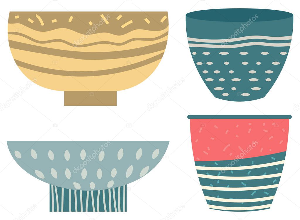 Stack of Clay Pots Isolated Flat Kitchen Utensils