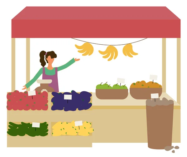 Fruits et légumes, Vendeur sur le marché vecteur — Image vectorielle