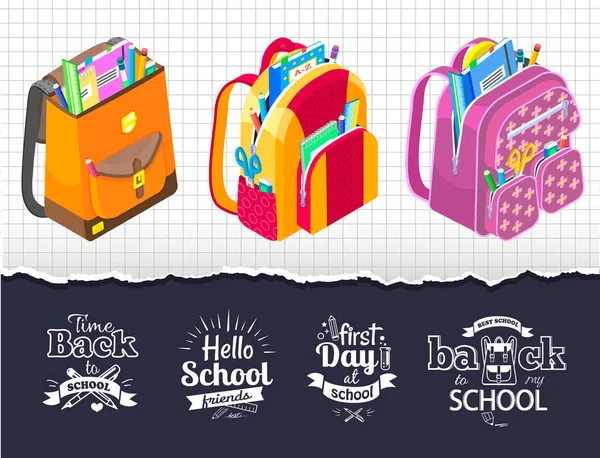 Hola amigos de la escuela Bocetos y bolsas para niños — Vector de stock