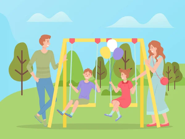 Rodzina spacerująca razem, dzieci huśtające się na huśtawce. Szczęśliwe kreskówki dzieci z rodzicami — Wektor stockowy