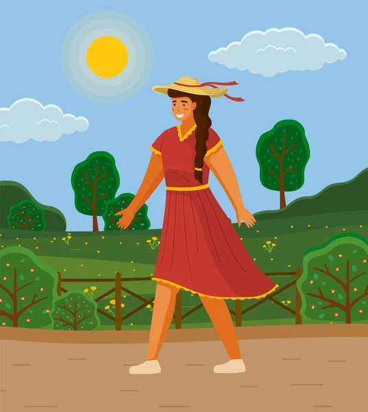 Krásná dívka v slamáku v letní den venkovní. Mladá veselá žena kráčí po ulici — Stockový vektor