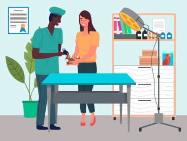 Revirde elinde hamster tutan bir kızla veteriner. Veteriner kliniğini ziyaret et.