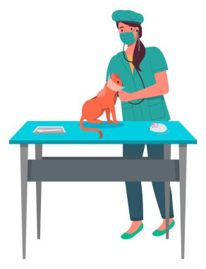 Veteriner Wooman kırmızı bir kediyi tedavi ediyor. Tıp bürosundaki kalp atışlarını dinliyor.