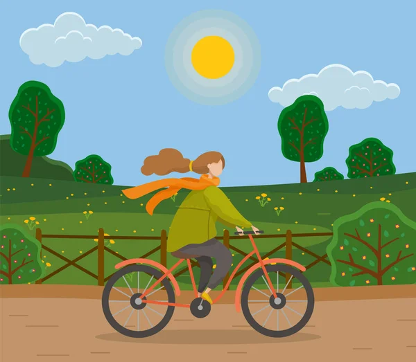자전거를 탄 소녀. 따뜻 한 옷을 입은 채 자전거를 타고 시골, 숲 또는 시립 공원을 가는 여자들 — 스톡 벡터