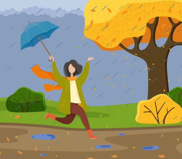 Autumn cartoon girl holding an umbrella, having fun in the rain, running and jumping through puddles — Stock Vector