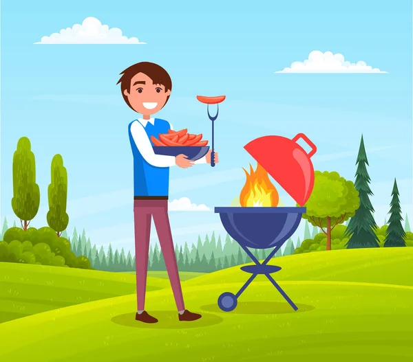 Heureux homme souriant avec un barbecue outils grillades saucisses en plein air paysage heure d'été — Image vectorielle