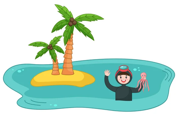 Nurk młody człowiek nad wodą w pobliżu wyspy z palmami trzymając różową ośmiornicę machając ręką — Wektor stockowy