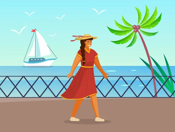 Bella ragazza in un cappello di paglia in estate giorno all'aperto. Giovane donna allegra a piedi sulla riva del mare — Vettoriale Stock