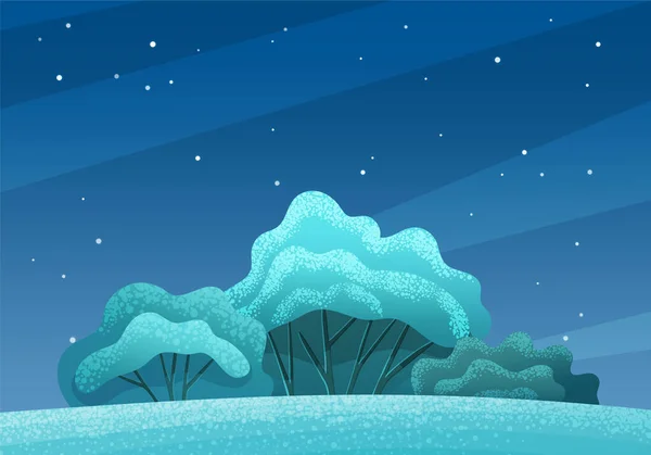Alberi o cespugli con una lussureggiante corona sulla collina in illuminazione notturna su sfondo cielo stellato — Vettoriale Stock