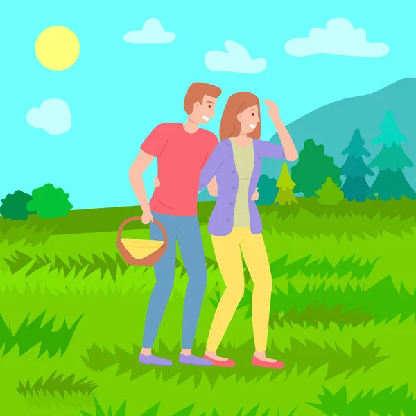 年轻的家人散步，在大自然中休息。男男女女带着一篮子野餐用品 — 图库矢量图片