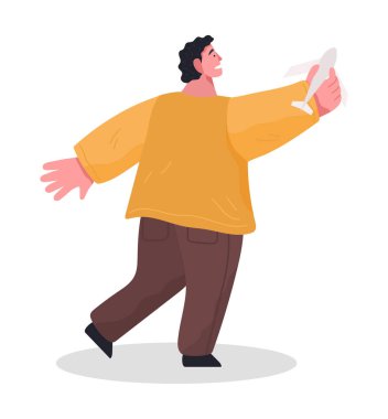 Genç adam gökyüzüne kağıt bir uçak fırlatıyor, beyaz arka planda izole edilmiş çizgi film karakteri.