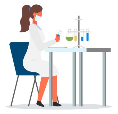 Mataralı bir bilim adamı, yüz maskeli bir mühendis, beyaz önlük giyip üzerinde numune taşıyan bir tüp taşıyor.