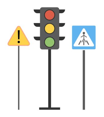 Trafik Kanunları tabelaları. Zebra geçidi, trafik ışığı, dikkat. Çocuklar için eğitici imaj
