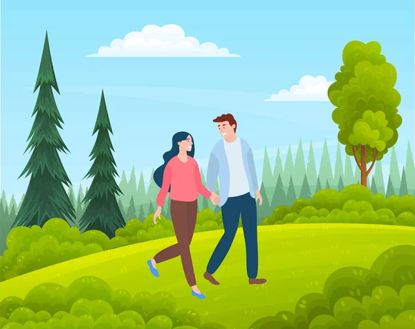 Пара гуляє в лісі. Молодий хлопець і дівчина тримають руки ходять в літньому саду, романтична прогулянка — стоковий вектор