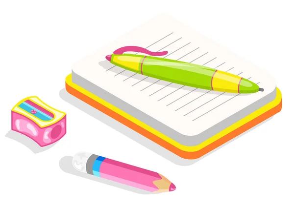 Papelería, cuaderno escolar, lápiz y bolígrafo — Vector de stock