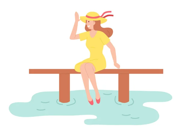 Ilustración de una chica de dibujos animados sentada en un banco al aire libre después de la lluvia cerca del gran charco hora de verano — Vector de stock