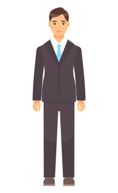 Karikatür karakteri, iş adamı kıyafet kodu, mavi kravatlı kahverengi takım elbiseli adam, ofis çalışanı.