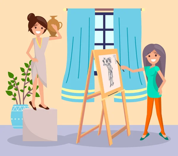 Künstler zeichnet Porträt junges griechisches Mädchen mit Vase, Freizeit während Quarantäne-Isolation — Stockvektor