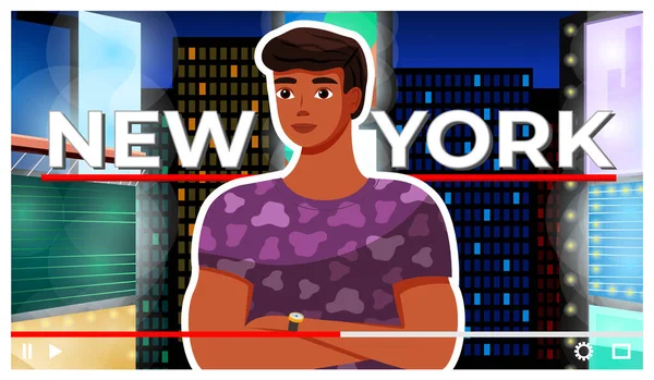 Junger stylischer Typ im Hintergrund der Stadt, zu Besuch in New York, Reiseblog, Videoplayer-Schnittstelle — Stockvektor