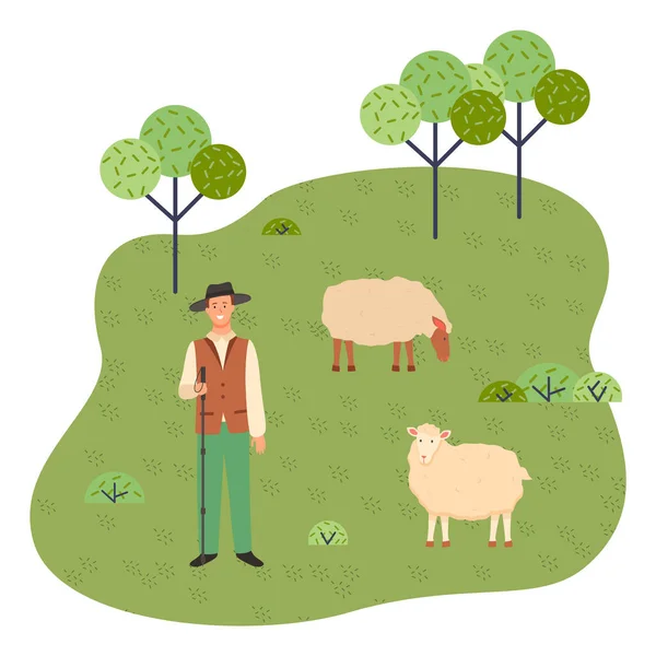 Ένας νεαρός βοσκός βόσκει πρόβατα σε πάρκο ή δάσος. Ζωικό κεφάλαιο και γεωργία. Επίπεδη εικόνα κινουμένων σχεδίων — Διανυσματικό Αρχείο
