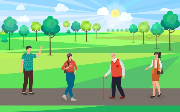 Lidé chodí do městského parku. Starý muž, dívka s batohem, muž a žena. Zelené stromy, jasná obloha, jaro — Stockový vektor