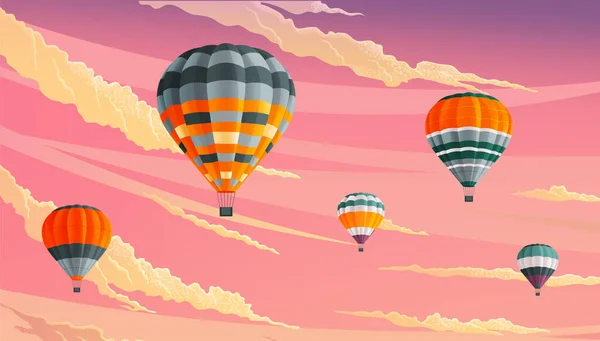 Nuages et montgolfières rayées contre un ciel nuageux lilas. Festival de montgolfière — Image vectorielle