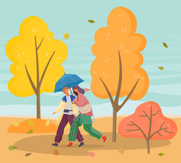 Couple Walking in Autumn Park with Falling Leaves — Stock Vector