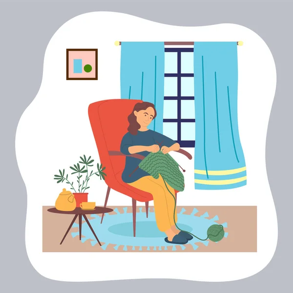 Ženské pletení v křesle u okna, hobby a volný čas, domácí karanténa — Stockový vektor