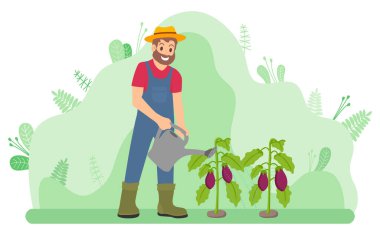 Gülümseyen adam bir bitkiyi sulama kabıyla suluyor, tarımın düz stil illüstrasyonuyla.