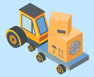 Teslimat ve sevkiyat servisi vektör çizimi. Yükleyici makine karton kutuları taşır