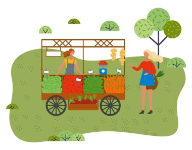 Çiftçi sebze satıyor. Çiftçi tulumlu kadın hasat eşliğinde ticaret çadırının yanında duruyor.